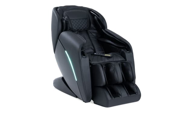 Cozy Bob Black Massaging Power Recliner in black faux leather with transitional style, memory foam, USB port, heated massage, and zero gravity recline.