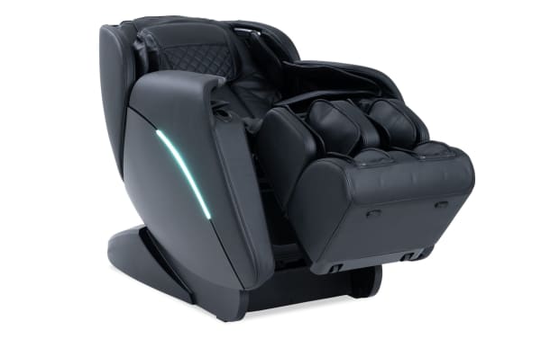Cozy Bob Black Massaging Power Recliner in black faux leather with polyurethane upholstery, memory foam, USB port, heated massage, and zero gravity recline.