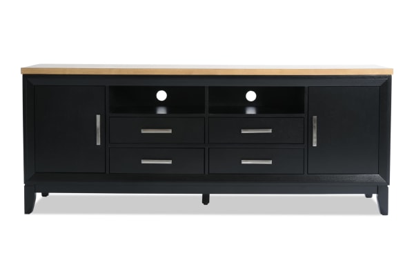 Blake 72'' Black & Natural Storage TV Stand from Blake Entertainment & Occasional, farmhouse style MDF with two cabinets, four drawers, and natural wood top.