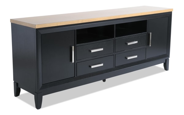 Blake 72'' black and natural farmhouse TV stand in MDF with two cabinets, four drawers, and open shelves for media storage from Blake Entertainment & Occasional collection.