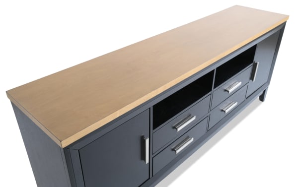 Blake 72'' Black & Natural Storage TV Stand from Blake Entertainment & Occasional, farmhouse style MDF with two cabinets, four drawers, and open shelves for media storage.