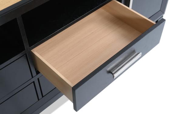Blake 72'' Black & Natural Storage TV Stand drawer open, showing natural MDF interior, farmhouse style, metal handle, part of Blake Entertainment & Occasional collection.