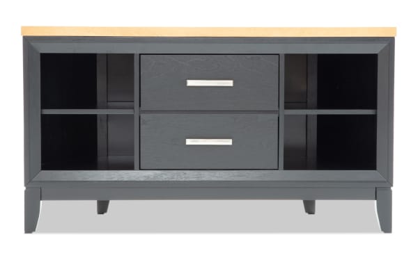 Modern black wooden sideboard with two central drawers and open shelving on each side, topped with a light wood surface, ideal for living room storage.