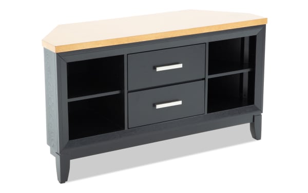 Black wooden sideboard with natural wood top, two central drawers with silver handles, and open shelving on each side for storage.