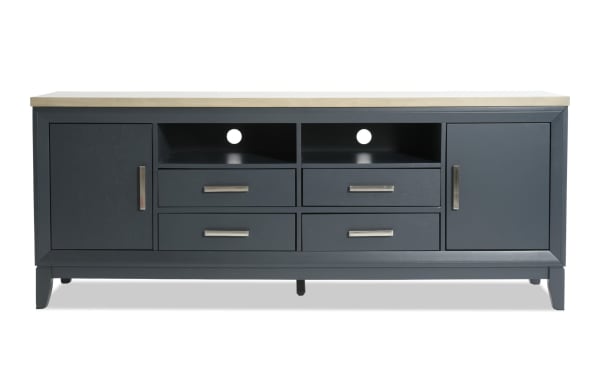 Blake 72'' Graphite & Gray Storage TV Stand from Blake Entertainment & Occasional, farmhouse style MDF with two cabinets, four drawers, and open shelves.