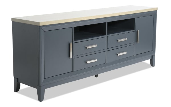 Blake 72'' Graphite & Gray Storage TV Stand with MDF construction, farmhouse style, two cabinets, four drawers, and open shelves for media storage.