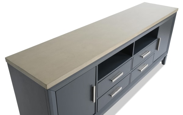 Blake 72'' Graphite & Gray Storage TV Stand from Blake Entertainment & Occasional, farmhouse style MDF with two cabinets, four drawers, and open shelves.