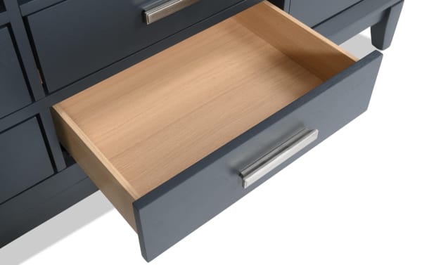 Open drawer of Blake 72'' Graphite & Gray Storage TV Stand showing natural MDF interior, farmhouse style, graphite gray finish, and brushed metal handle.