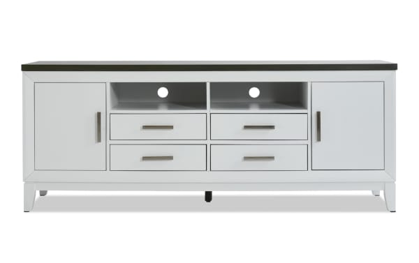 Blake 72'' white and gray farmhouse TV stand from Blake Entertainment & Occasional collection, MDF material, with two cabinets, four drawers, and open shelves for media storage.