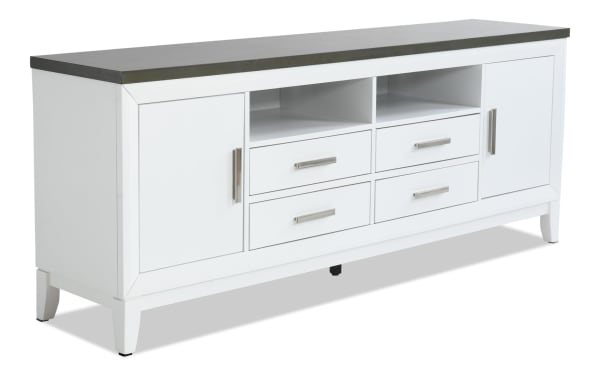 Blake 72'' white and gray farmhouse TV stand with MDF construction, two cabinets, four drawers, and open shelves for media storage.