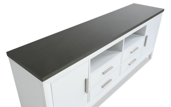 Blake 72'' white and gray farmhouse TV stand from Blake Entertainment & Occasional collection, made of MDF with two cabinets, four drawers, and open shelves for media storage.