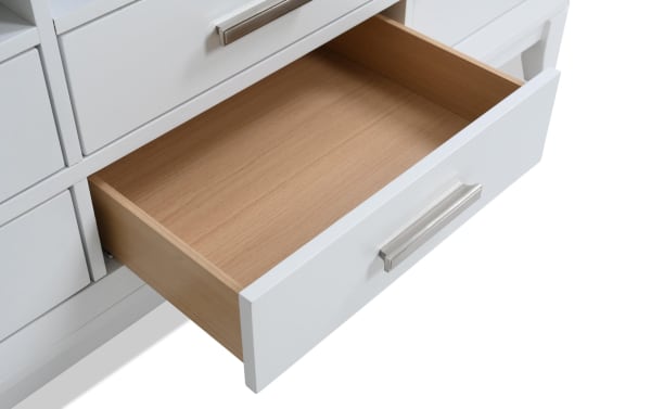 Open drawer of Blake 72'' White & Gray Storage TV Stand from Blake Entertainment & Occasional collection, featuring farmhouse style MDF construction with white front and natural wood interior.
