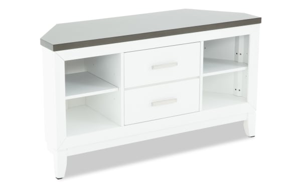 White wooden sideboard with two central drawers, open shelving on each side, and a gray tabletop, modern storage furniture.