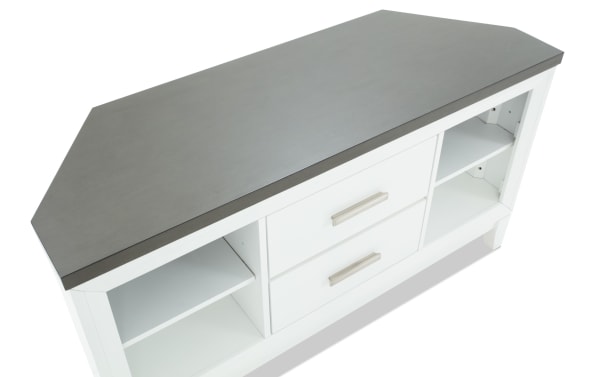 Modern white wooden sideboard with two drawers, open shelves on each side, and a smooth gray tabletop, ideal for living room storage.