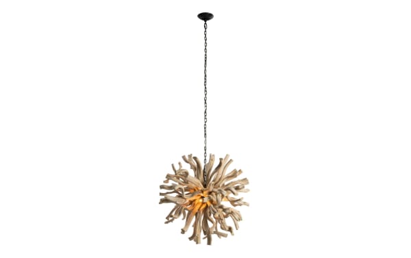 Nova Large Natural Wood Chandelier with 28" acacia wood branches in a transitional style, featuring a metal chain suspension and warm internal lighting.