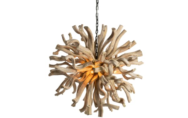 Nova Large Natural Wood Chandelier with 28" diameter solid acacia wood branches in a transitional style, featuring a warm light and metal chain suspension.