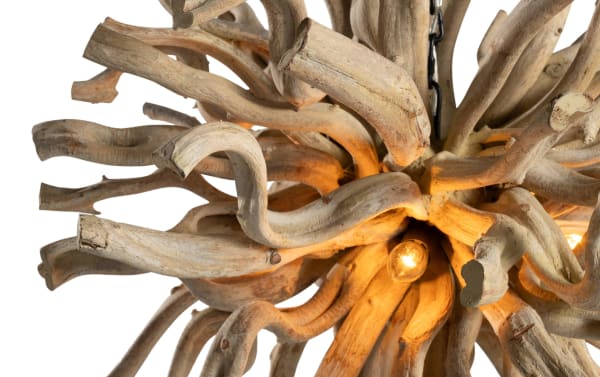 Nova Large Natural Wood Chandelier featuring a 28" diameter solid acacia wood design with intertwined curved branches in a transitional style, illuminated by warm bulbs.