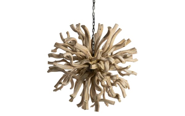Nova Large Natural Wood Chandelier with 28" diameter solid acacia wood branches in a transitional style, featuring a metal chain suspension.