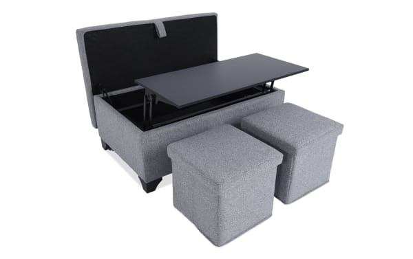 Playday Gray Upholstered Lift-Top Tray Table Ottoman in gray polyester fabric with MDF and metal frame, featuring hidden storage, wheels, and two matching stools.