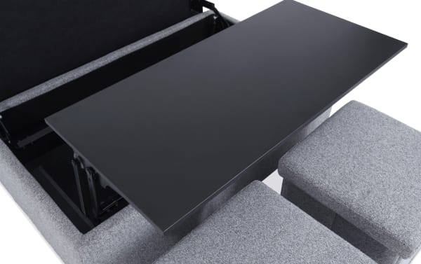 Gray Playday Gray Upholstered Lift-Top Tray Table Ottoman in transitional style with polyester fabric, MDF, metal frame, hidden storage, and two matching stools.