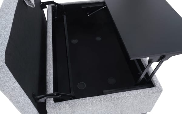 Playday Gray Upholstered Lift-Top Tray Table Ottoman in gray polyester fabric with MDF and metal frame, featuring hidden storage and a lift-top tray.
