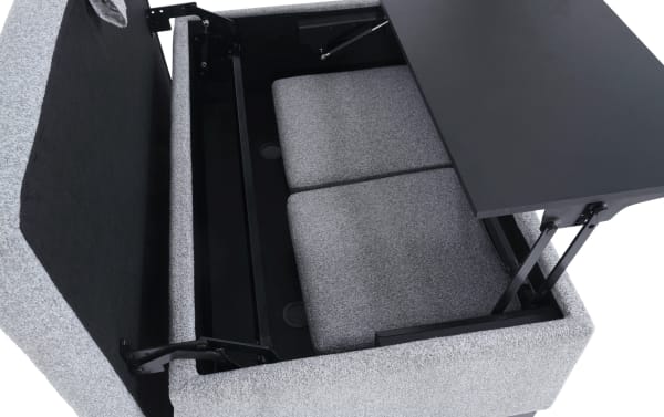 Playday Gray Upholstered Lift-Top Tray Table Ottoman in gray polyester fabric with hidden storage, lift-top tray, and compact seating stools.