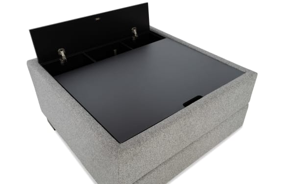Playday Gray Upholstered Lift-Top Square Tray Table Ottoman with gray polyester fabric, MDF tray, metal hinges, hidden storage compartments, and wheels for easy mobility.