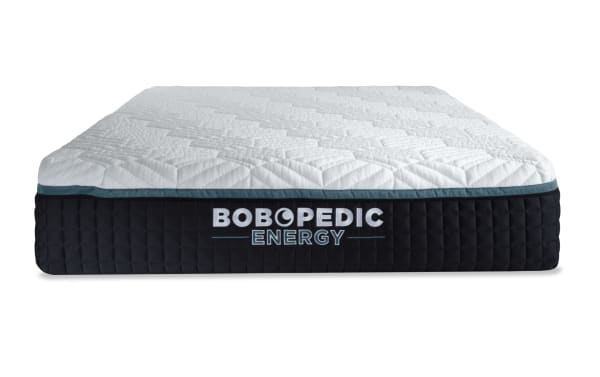 BOBOPEDIC Energy 14'' Queen Plush Mattress with white quilted top, black textured sides, gel-grid memory foam, and charcoal-infused cooling layers for pressure relief and comfort.