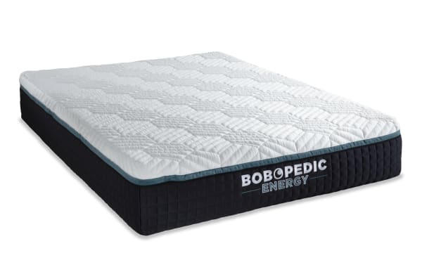 Bob-O-Pedic Energy 14'' Queen Plush Mattress with white quilted top, black textured sides, gel-grid memory foam, and charcoal for cooling comfort.