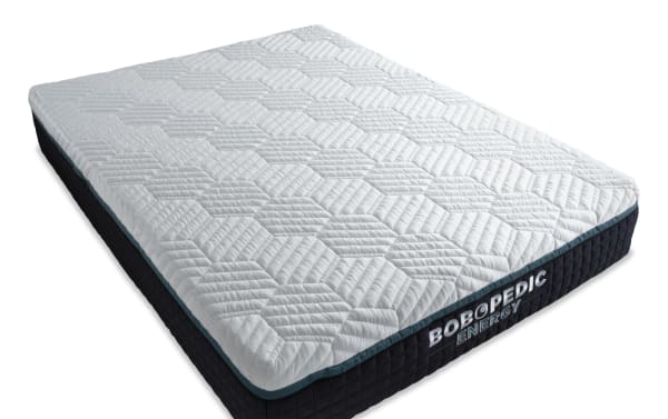 Bob-O-Pedic Energy 14'' Queen Plush Mattress with white quilted top, gel-grid memory foam, charcoal-infused cooling, and black side panel.