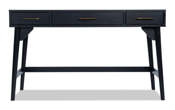 Mid-century modern Bettie Black 3 Drawer Writing Desk in black walnut with slender flared legs and three spacious drawers for versatile workspace.
