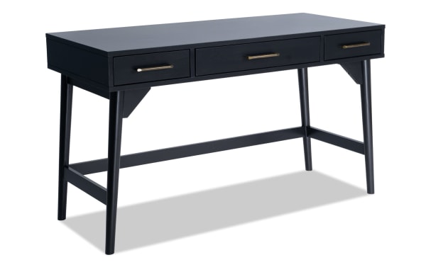 Mid-century modern Bettie Black 3 Drawer Writing Desk in black walnut with slender flared legs and three spacious drawers, from Bettie Entertainment & Occasional collection.