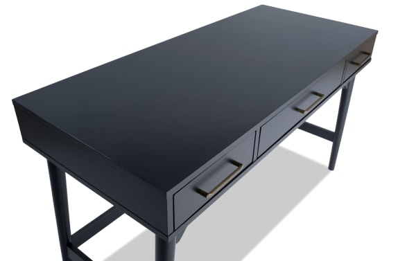 Bettie Black 3 Drawer Writing Desk in black walnut with mid-century modern design, slender flared legs, and three spacious drawers for office or home use.