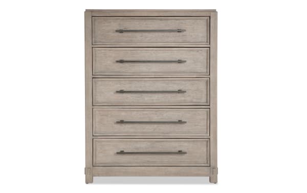 Artisan Gray 5 Drawer Chest in oak with transitional style, dovetail joints, metal handles, and a gray finish from the Artisan Bedroom collection.