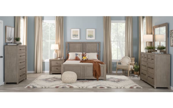 Transitional Artisan Bedroom set in gray oak featuring a 5-drawer chest with dovetail joints, cedar-lined drawers, and black metal handles on wood grain finish.