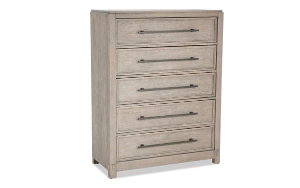 Artisan Gray 5 Drawer Chest in oak with transitional style, featuring long metal handles, dovetail joints, and a graywashed finish from Artisan Bedroom collection.