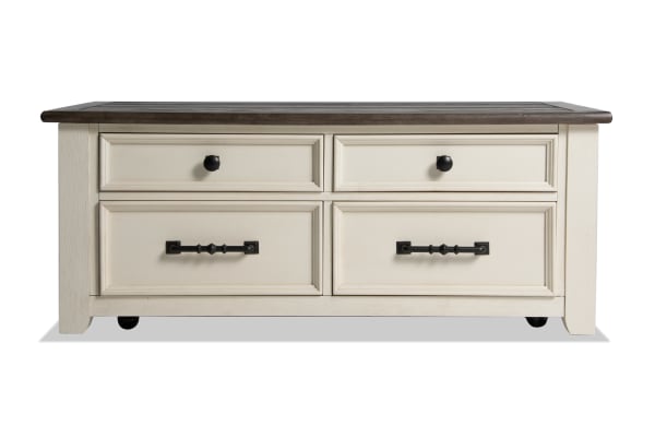 Laurel White & Brown Lift-Top Storage Coffee Table in cottage style with MDF, rubberwood, acacia veneers, two-tone distressed top, black hardware, casters, and storage drawers.