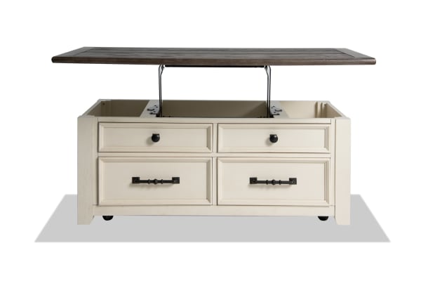 Laurel White & Brown Lift-Top Storage Coffee Table with cottage style, MDF and rubberwood, dark hardware, distressed brown top, hidden storage, and casters.