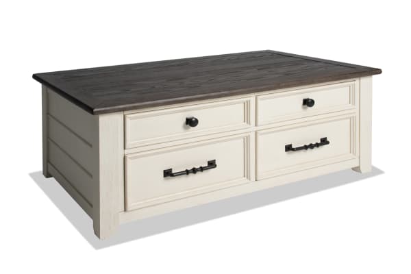 Laurel White & Brown Lift-Top Storage Coffee Table with cottage style, MDF and rubberwood, two-tone distressed top, black hardware, casters, and hidden storage drawers.