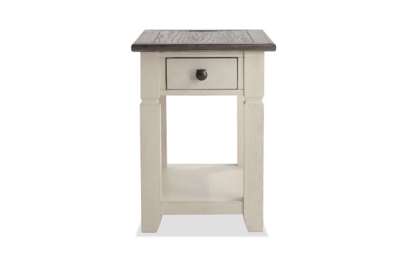 Laurel White & Brown Storage Chairside Table in cottage style, featuring a two-tone MDF and rubberwood build, distressed brown top, white base, and a storage drawer.