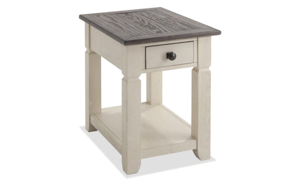 Laurel White & Brown Storage Chairside Table in cottage style with two-tone MDF and rubberwood, distressed brown top, light base, drawer, and lower shelf.