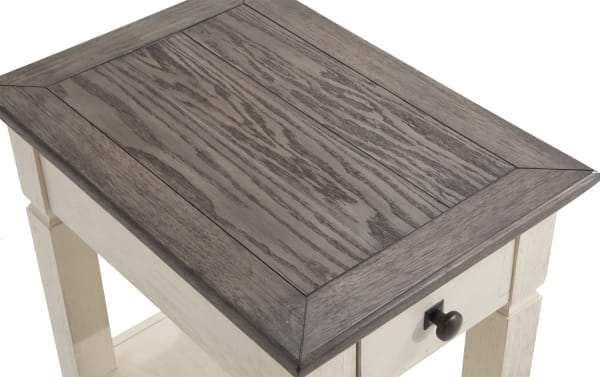 Laurel White & Brown Storage Chairside Table with two-tone cottage style, dark hardware, distressed acacia veneer top, and storage drawer.