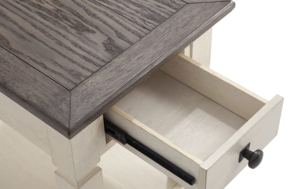 Laurel White & Brown Storage Chairside Table drawer open, showing light MDF and rubberwood interior with dark hardware, cottage style design