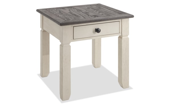 Laurel White & Brown Storage End Table with cottage style, two-tone MDF and rubberwood, distressed acacia veneer top, and storage drawer with dark knob.