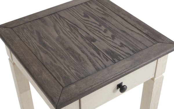 Laurel White & Brown Storage End Table with cottage style, dark distressed acacia veneer top, white rubberwood base, and black hardware drawer knob.