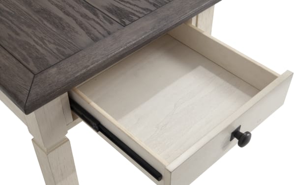 Laurel White & Brown Storage End Table drawer open, showing light MDF and rubberwood interior, dark knob, cottage style with two-tone wood and distressed brown top