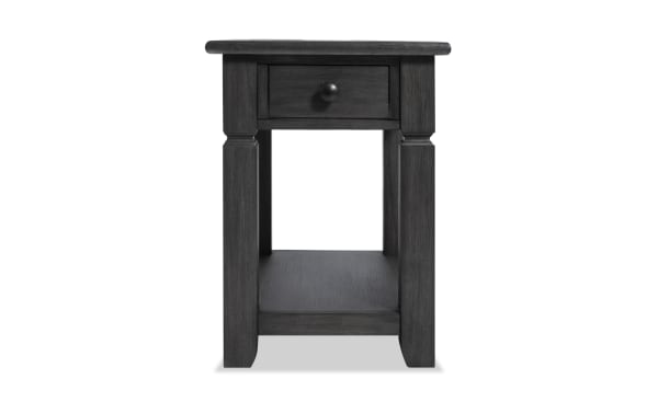 Rustic Laurel Charcoal Storage Chairside Table with artfully distressed charcoal finish, single drawer, lower shelf, MDF, rubberwood, acacia veneers.