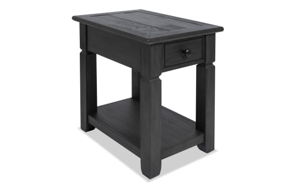 Laurel Charcoal Storage Chairside Table in rustic style with charcoal distressed finish, MDF, rubberwood, acacia veneers, drawer, and lower shelf for storage.
