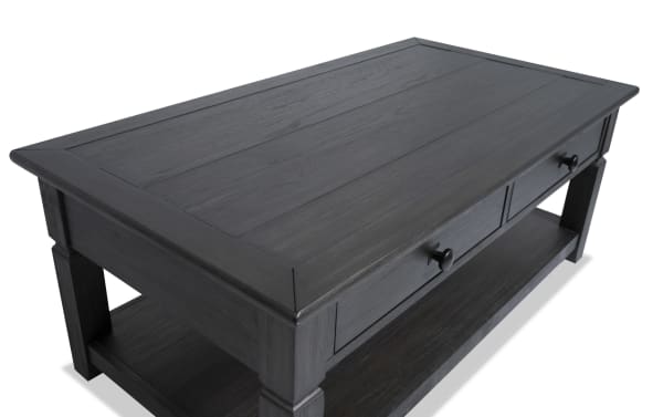 Rustic Laurel Charcoal Storage Coffee Table with distressed charcoal finish, two drawers, lower shelf, MDF, rubberwood, and acacia veneers.