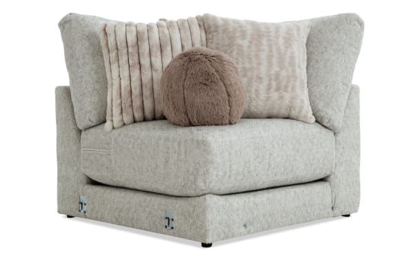 Posh Beige Corner modular sofa in transitional style with plush beige polyester fabric, gel-infused memory foam cushions, and three soft accent pillows.